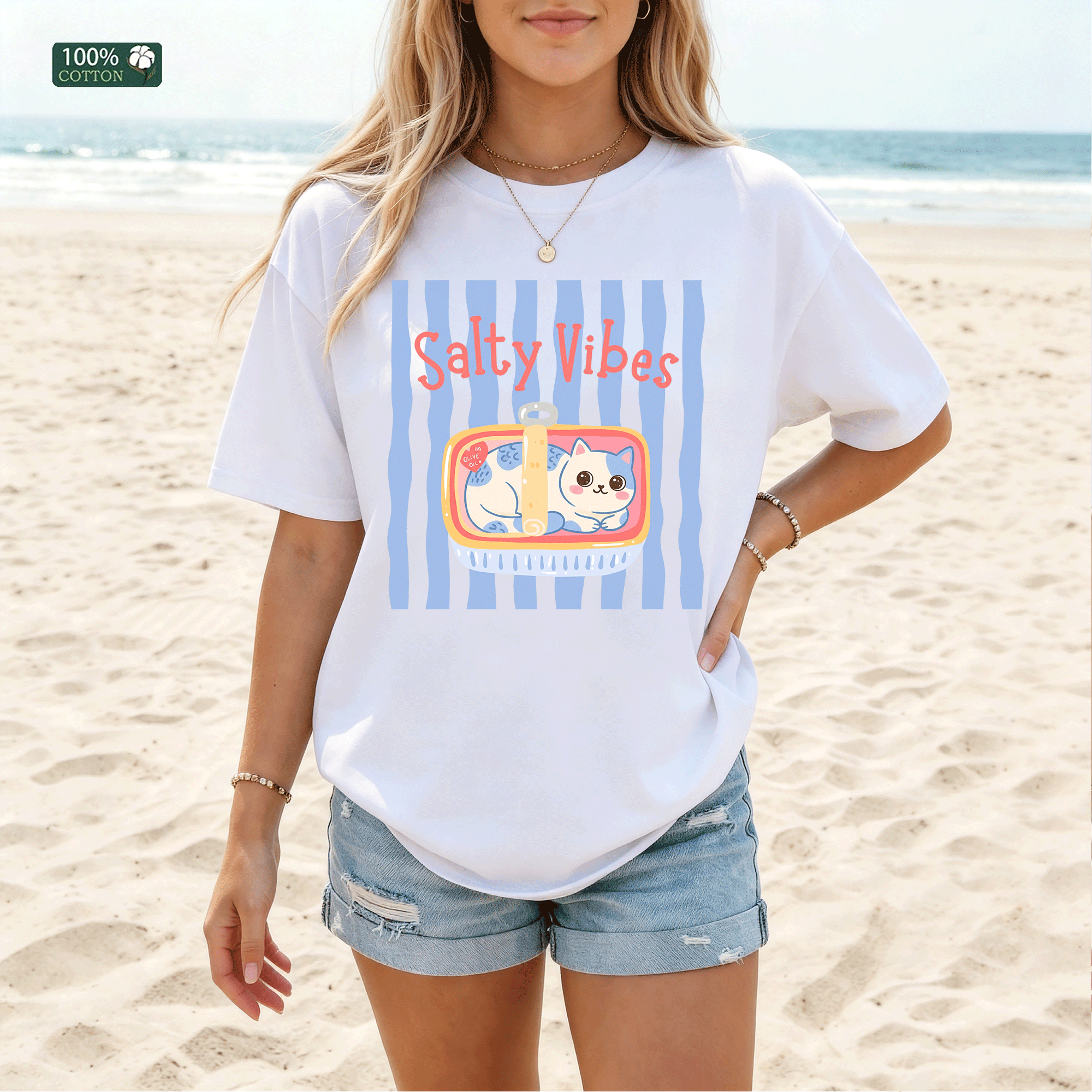 Salty Vibes Cute Cat Graphic T-Shirt
