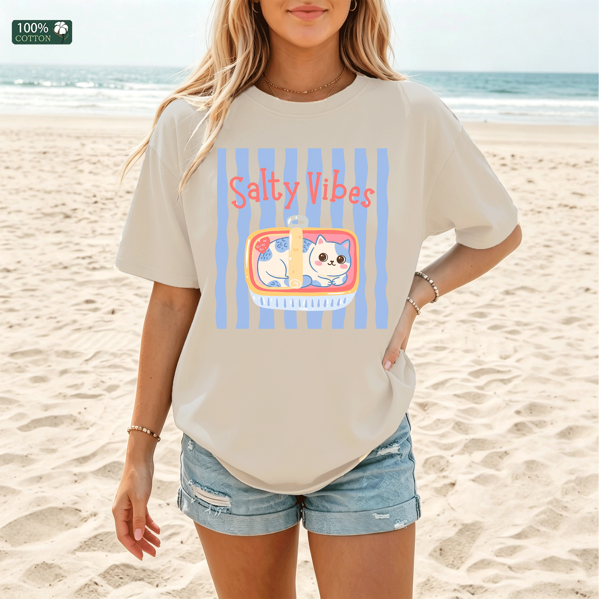 Salty Vibes Cute Cat Graphic T-Shirt