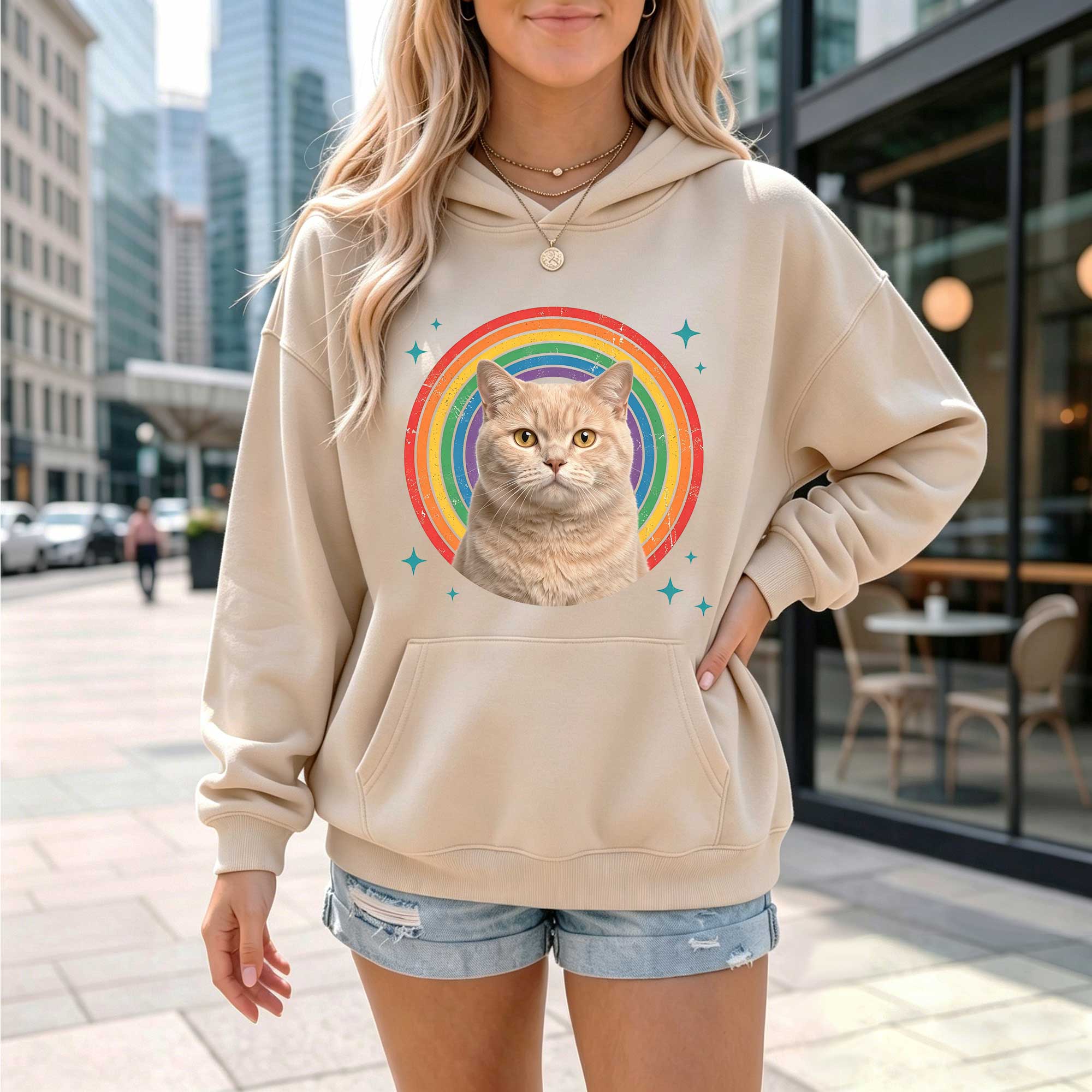 Retro Rainbow Cat Graphic Hoodie