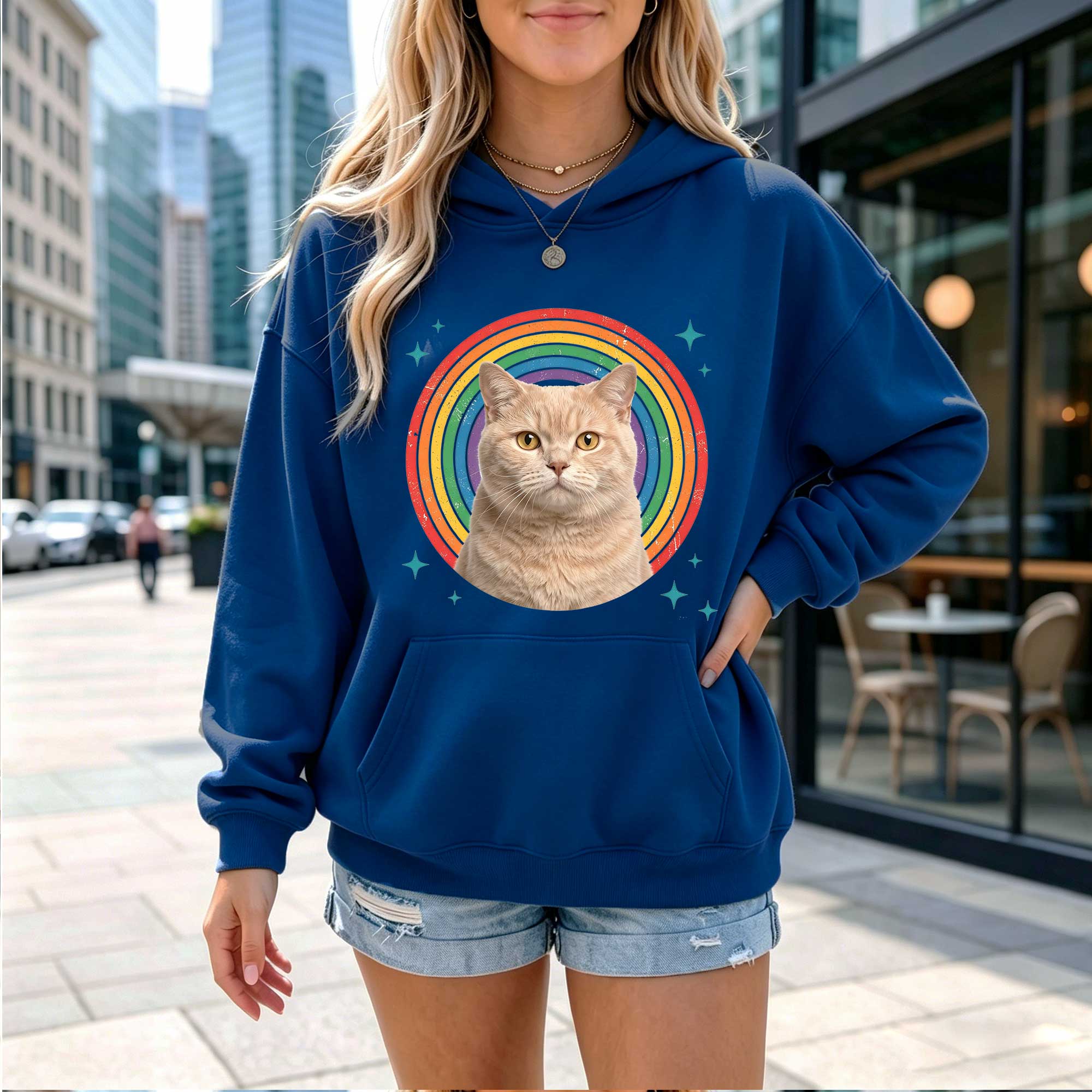Retro Rainbow Cat Graphic Hoodie