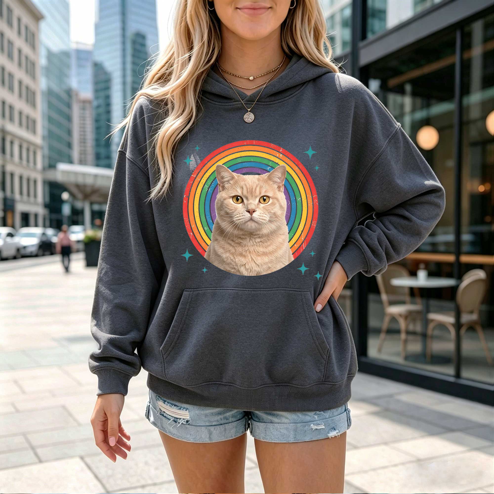 Retro Rainbow Cat Graphic Hoodie