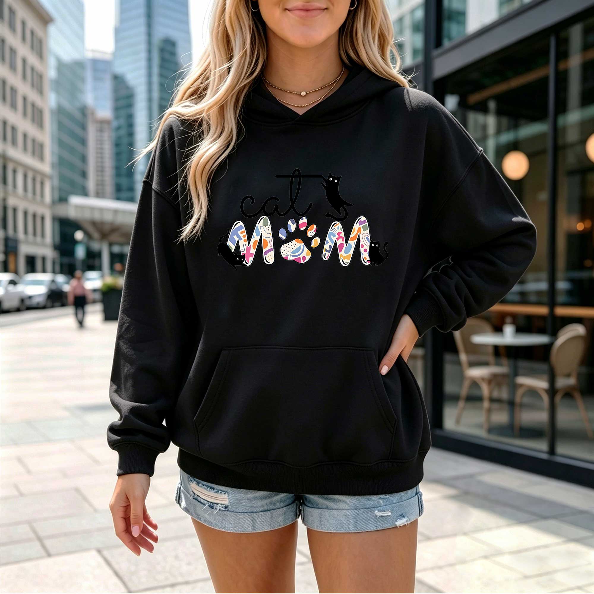 Abstract Pattern "Cat Mom" Graphic Hoodie