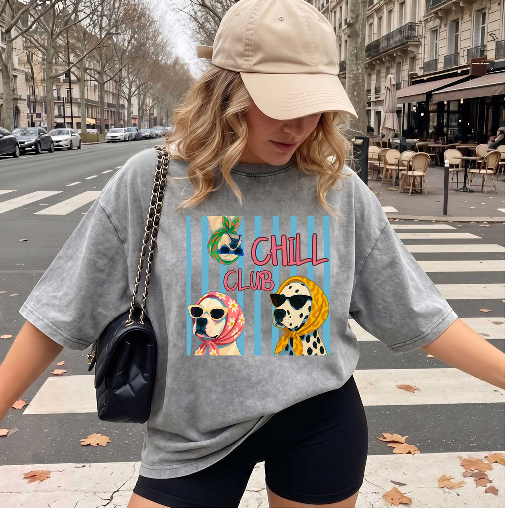 Chill Club Dog Vintage T-shirt, Oversized Washed Graphic Tee