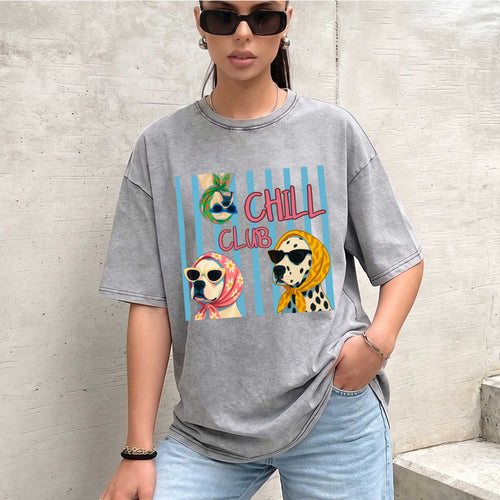 Chill Club Dog Vintage T-shirt, Oversized Washed Graphic Tee