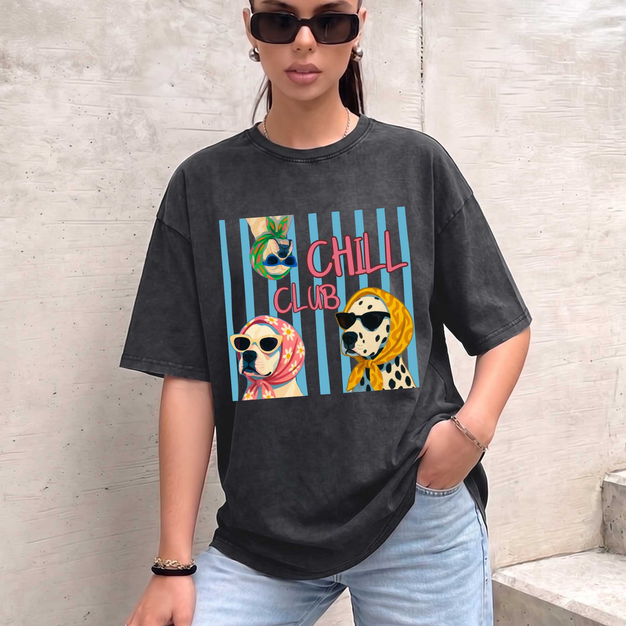 Chill Club Dog Vintage T-shirt, Oversized Washed Graphic Tee