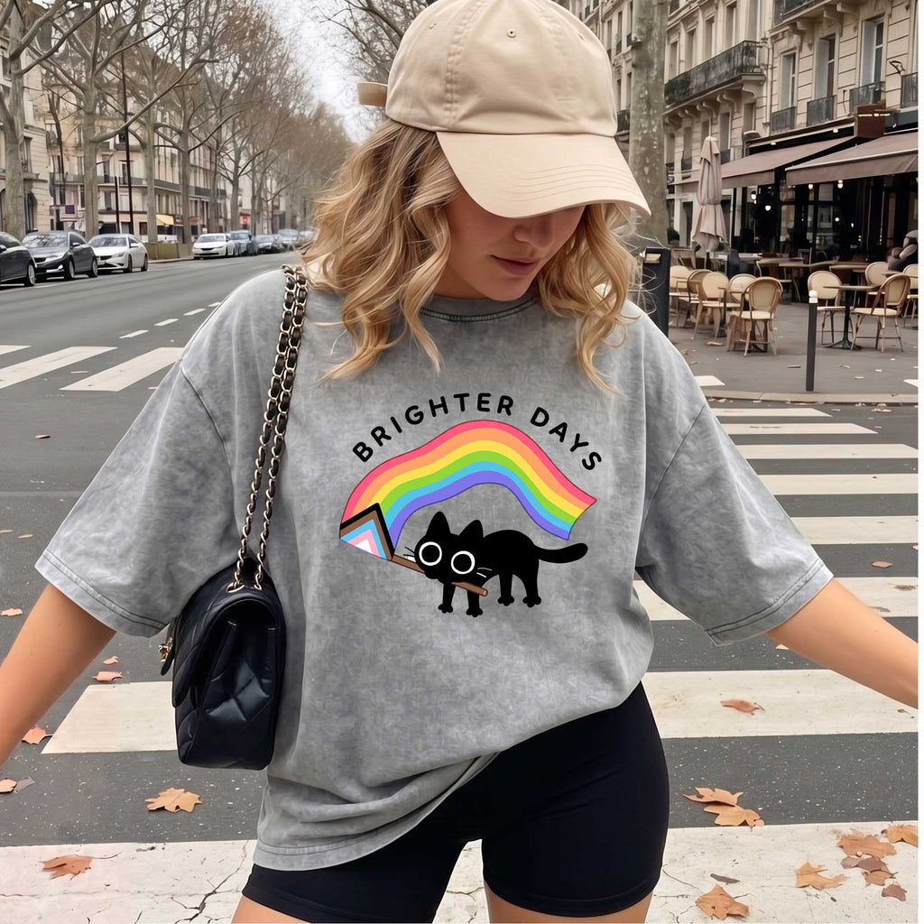 Brighter Days Black Cat Vintage T-shirt, Oversized Washed Graphic Tee