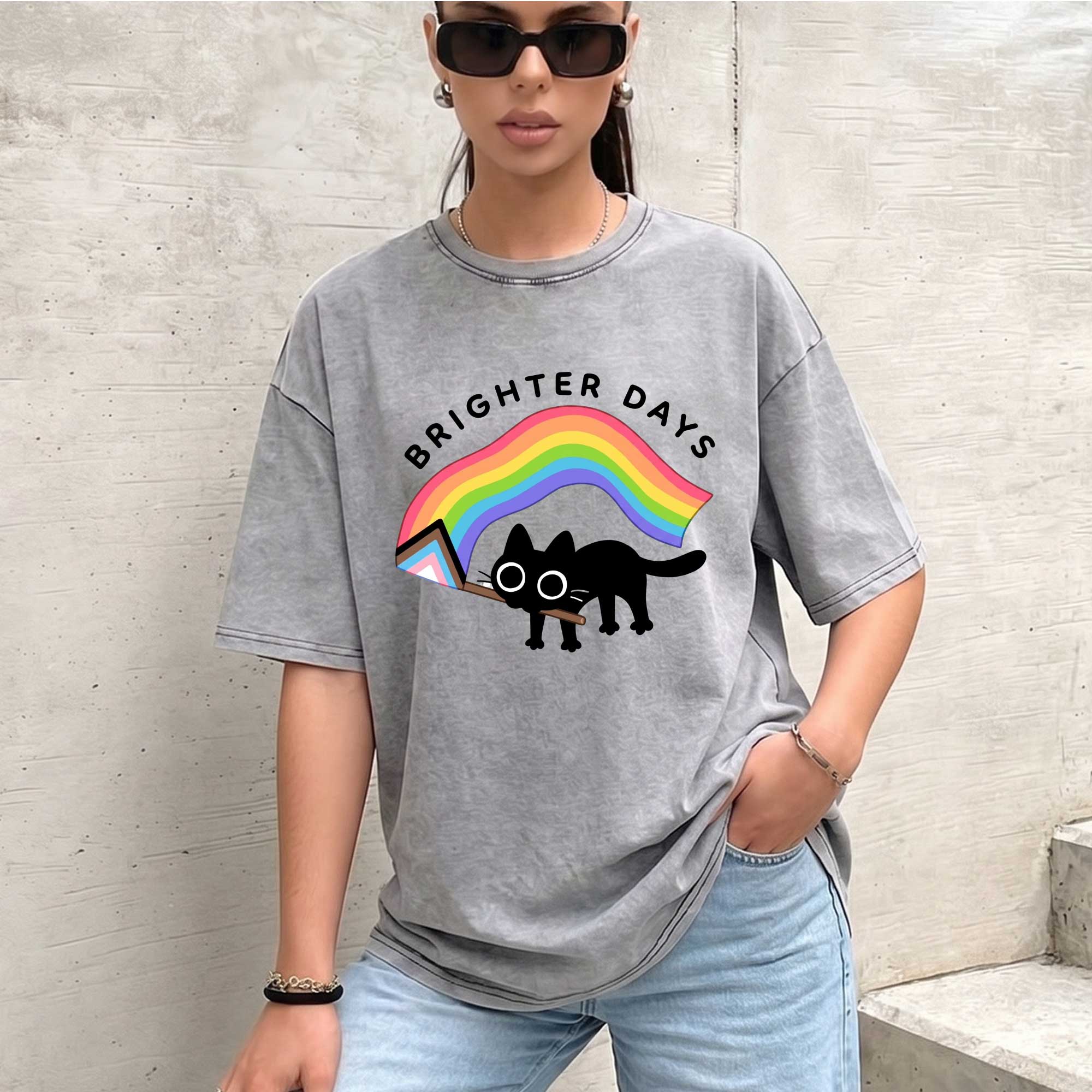 Brighter Days Black Cat Vintage T-shirt, Oversized Washed Graphic Tee