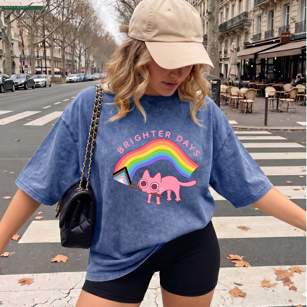 Brighter Days Black Cat Vintage T-shirt, Oversized Washed Graphic Tee