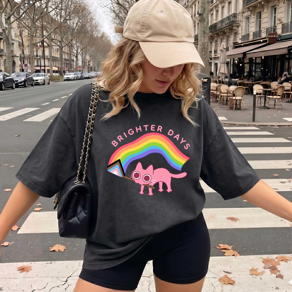 Brighter Days Black Cat Vintage T-shirt, Oversized Washed Graphic Tee