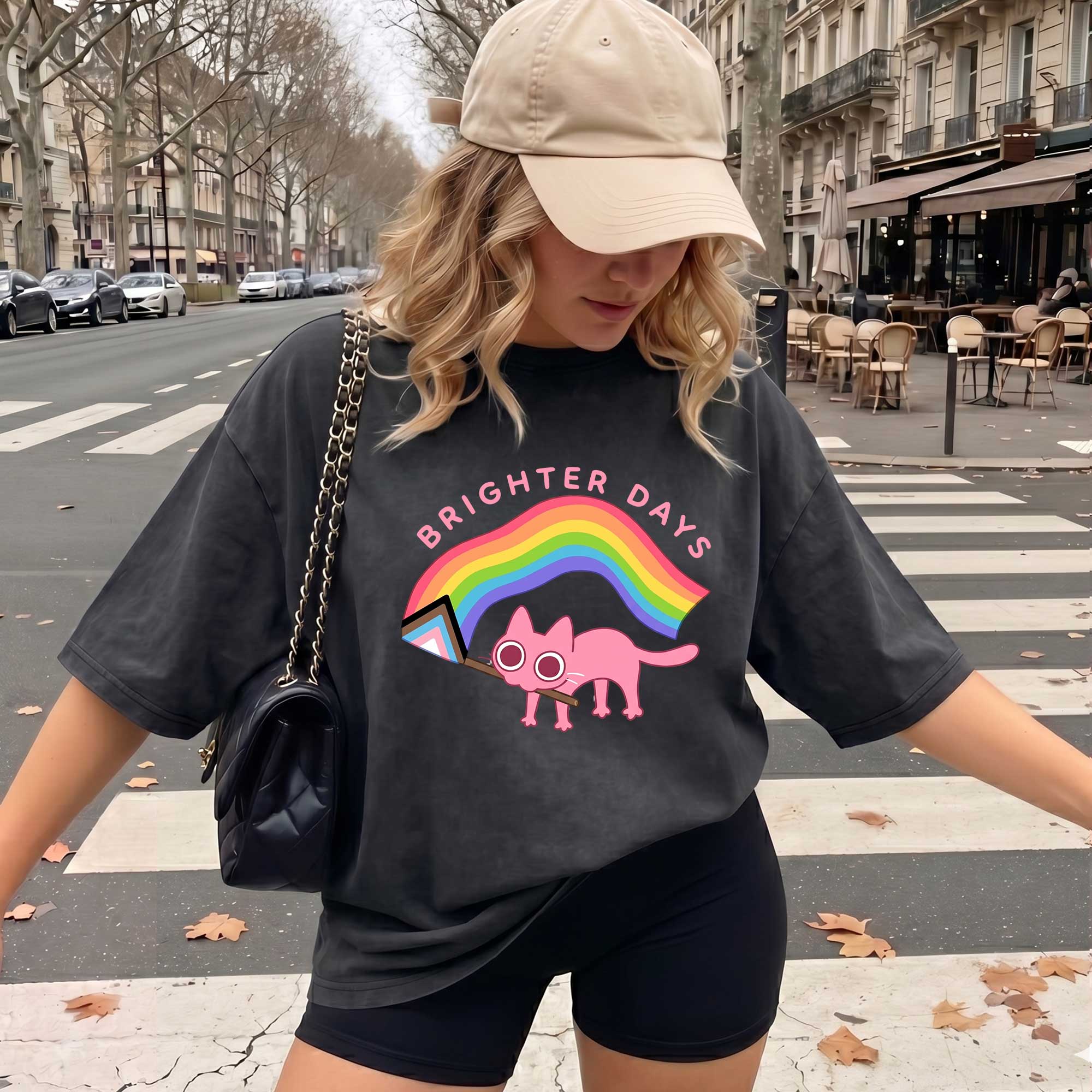 Brighter Days Black Cat Vintage T-shirt, Oversized Washed Graphic Tee