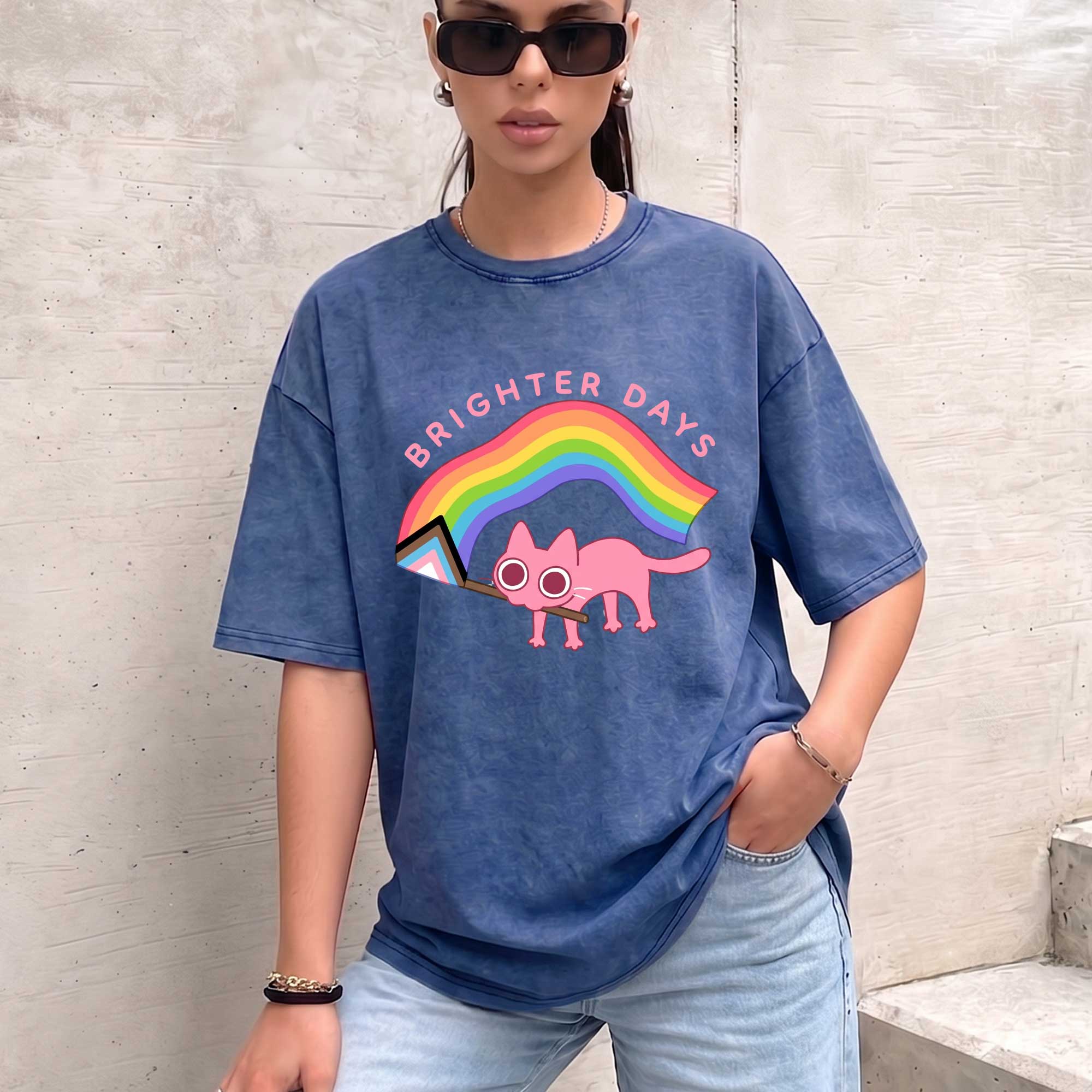 Brighter Days Black Cat Vintage T-shirt, Oversized Washed Graphic Tee
