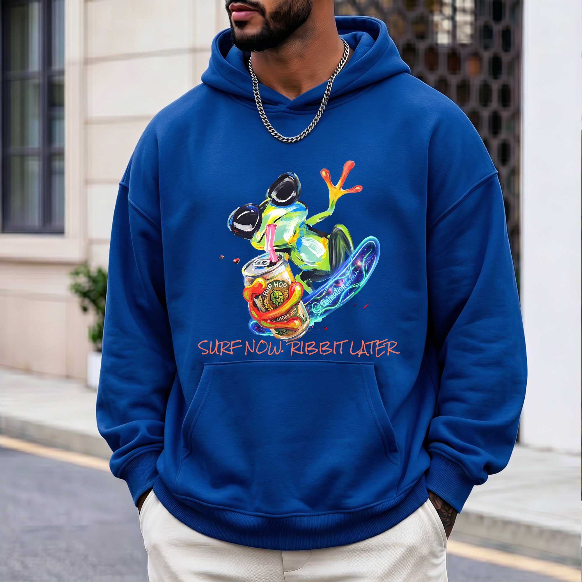 Funny Frog Surfing "Surf Now, Ribbit Later" Graphic Hoodie