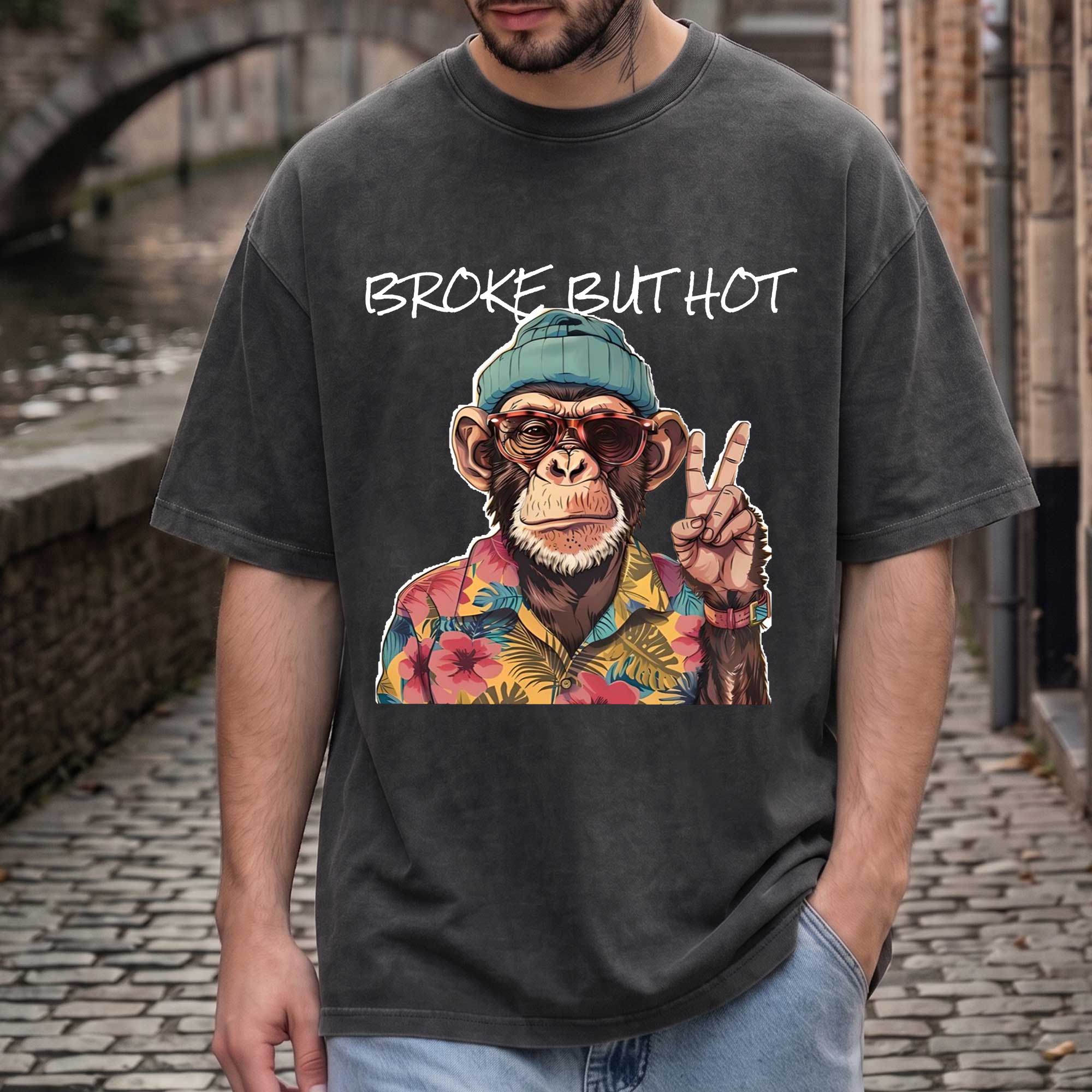 Funny Chimpanzee "Broke But Hot" Graphic T-shirt