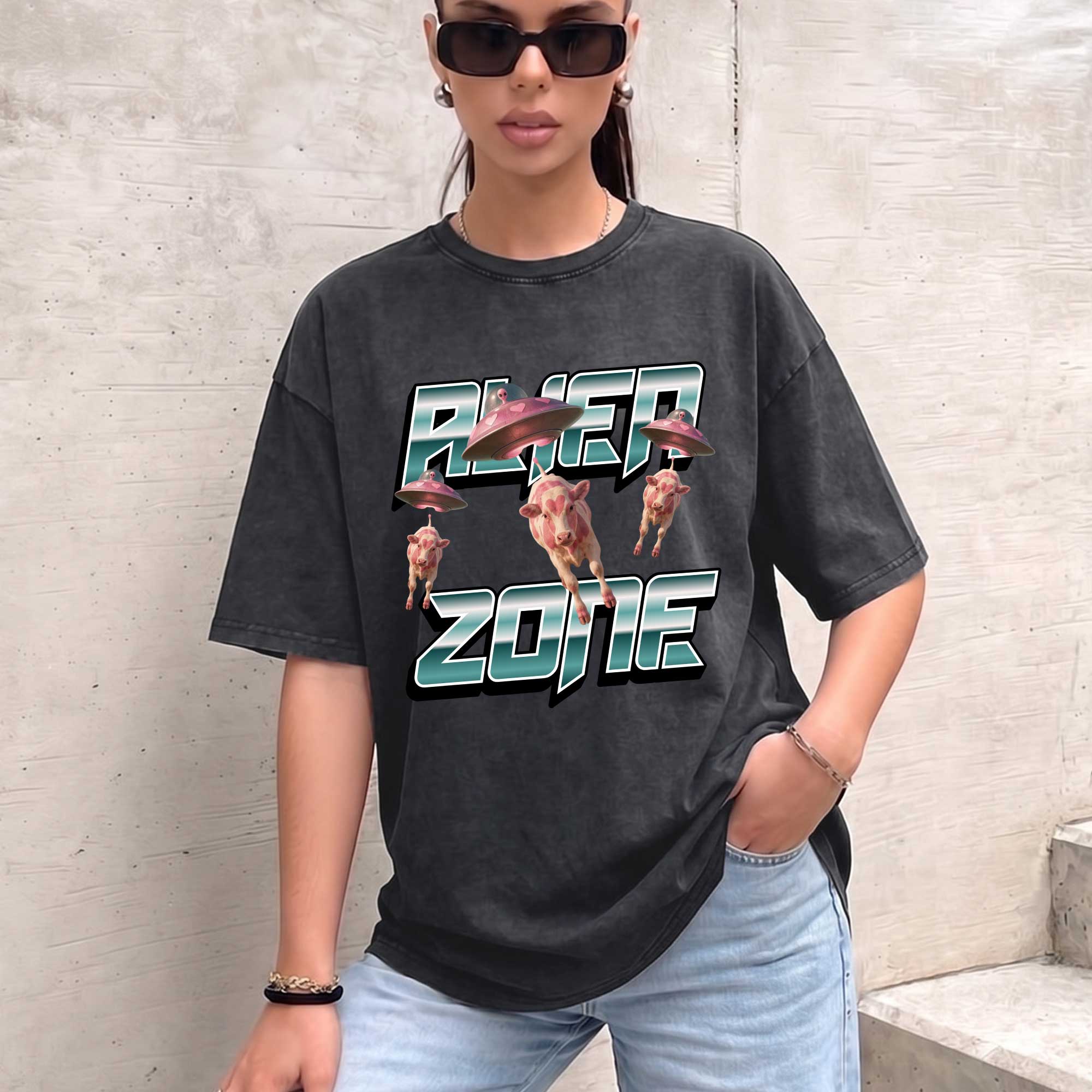 Funny Alien UFO Abduction "Alien Zone" Cows Graphic T-Shirt