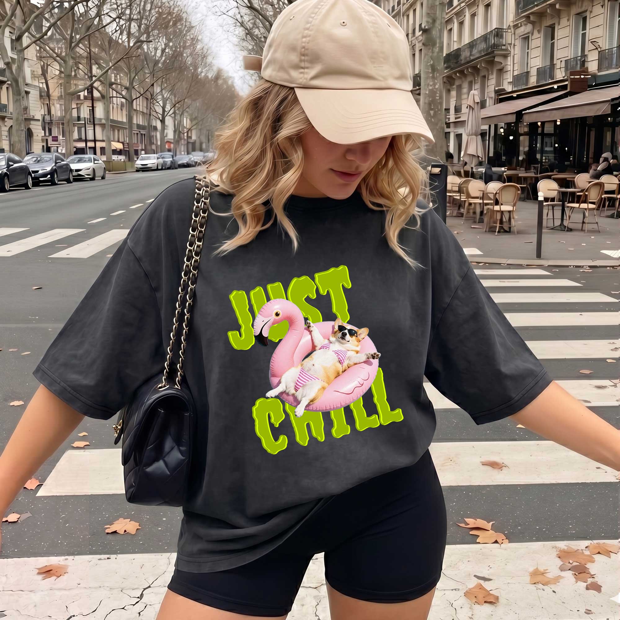 Funny Corgi "Just Chill" Flamingo Pool Float T-Shirt