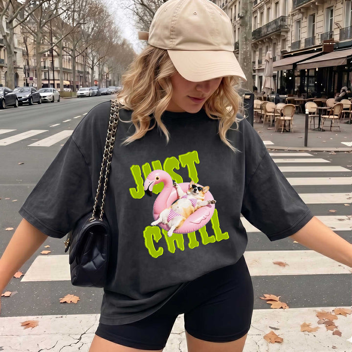 Funny Corgi "Just Chill" Flamingo Pool Float T-Shirt