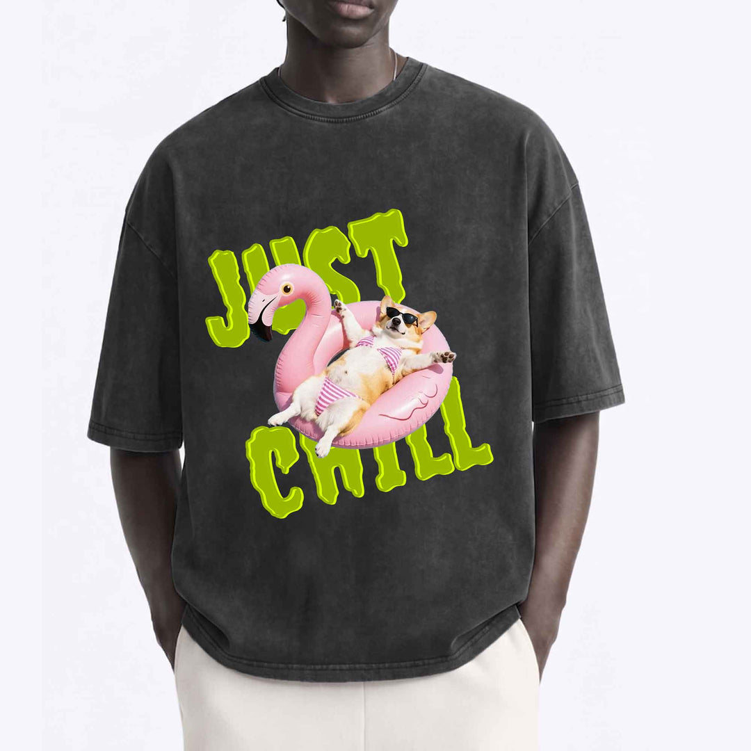 Funny Corgi "Just Chill" Flamingo Pool Float T-Shirt