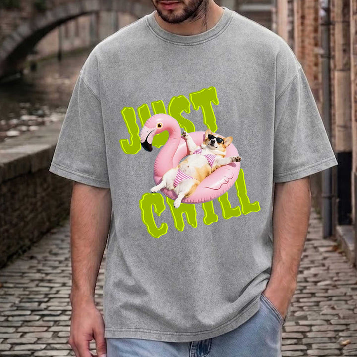 Funny Corgi "Just Chill" Flamingo Pool Float T-Shirt