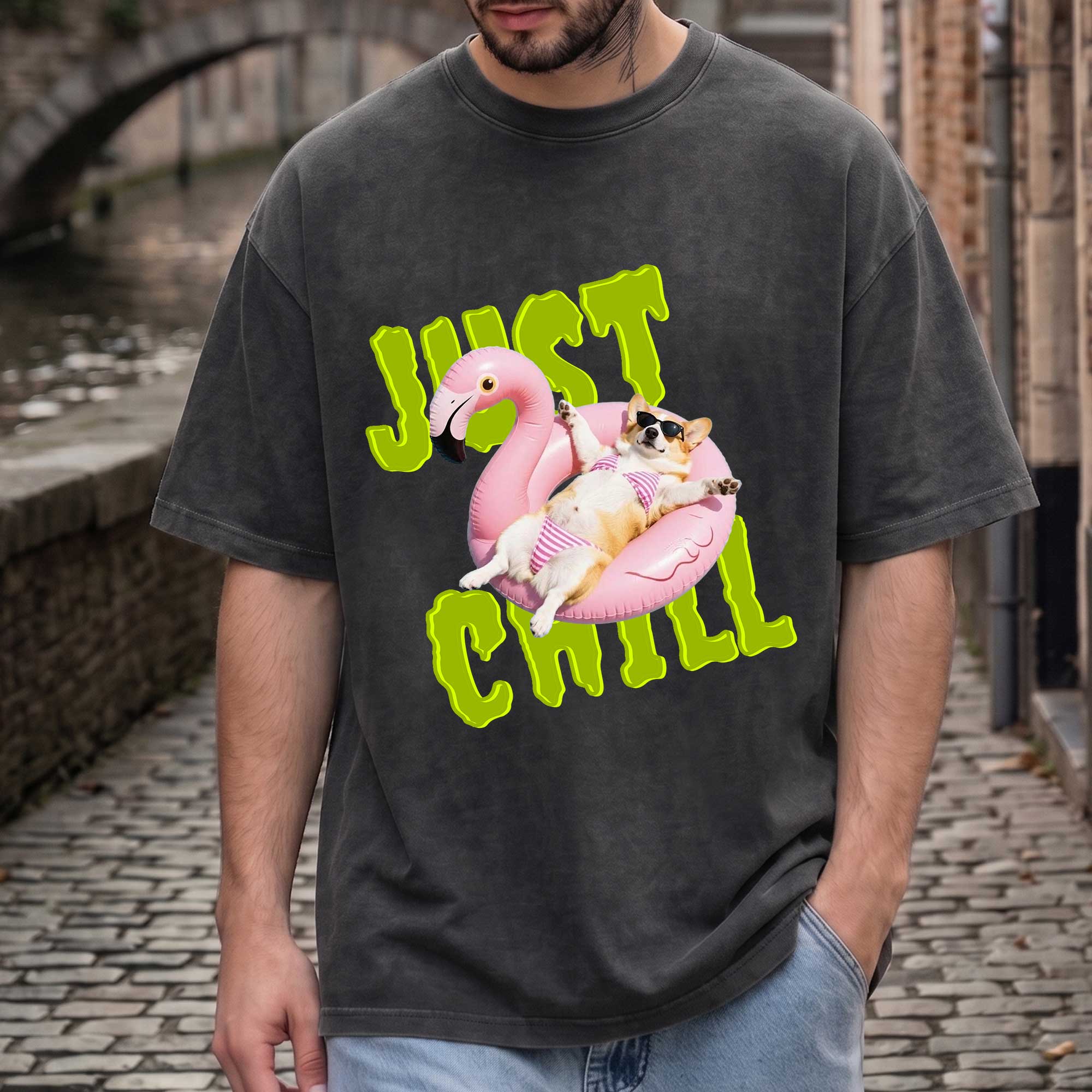 Funny Corgi "Just Chill" Flamingo Pool Float T-Shirt