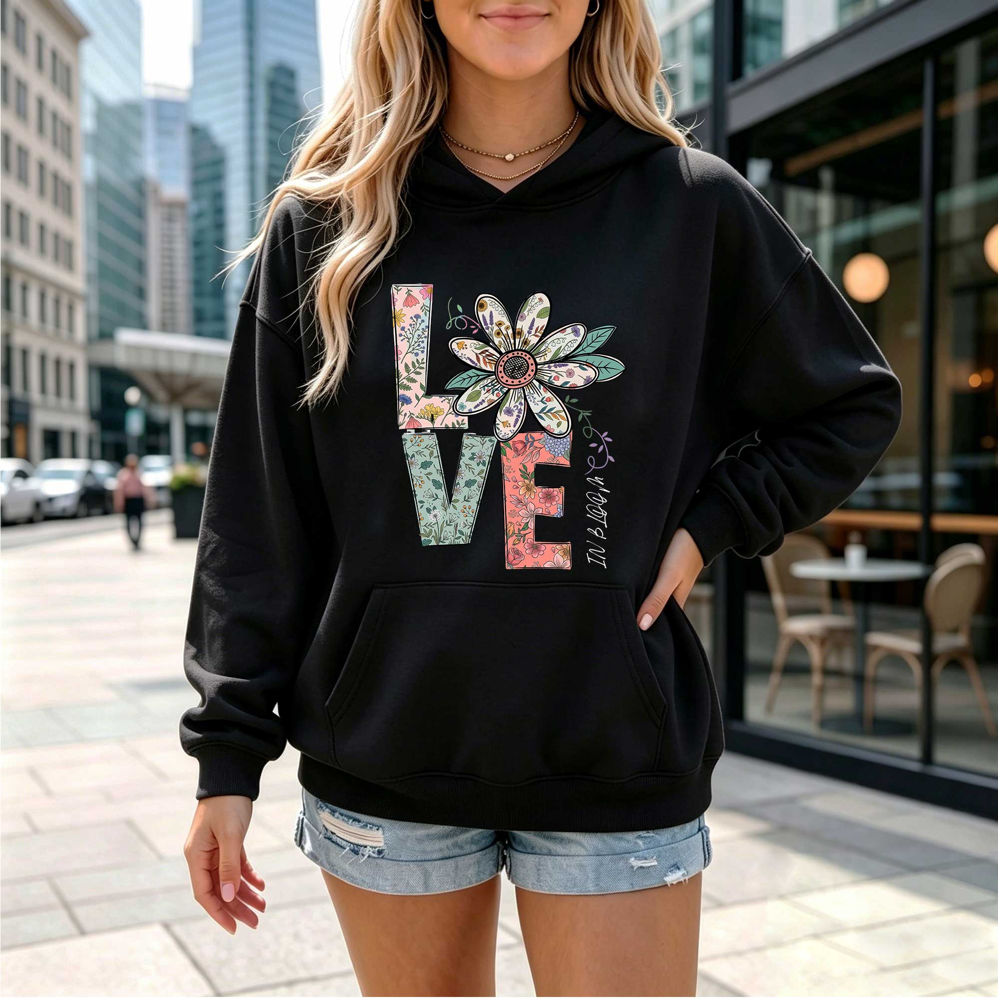 Floral "LOVE" Bloom Graphic Hoodie