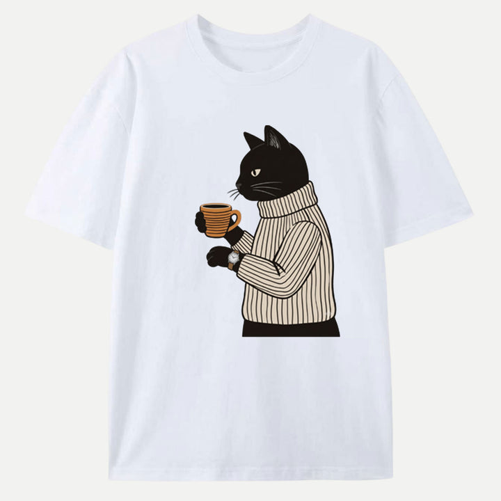 Sophisticated Coffee Drinking Black Cat T-Shirt