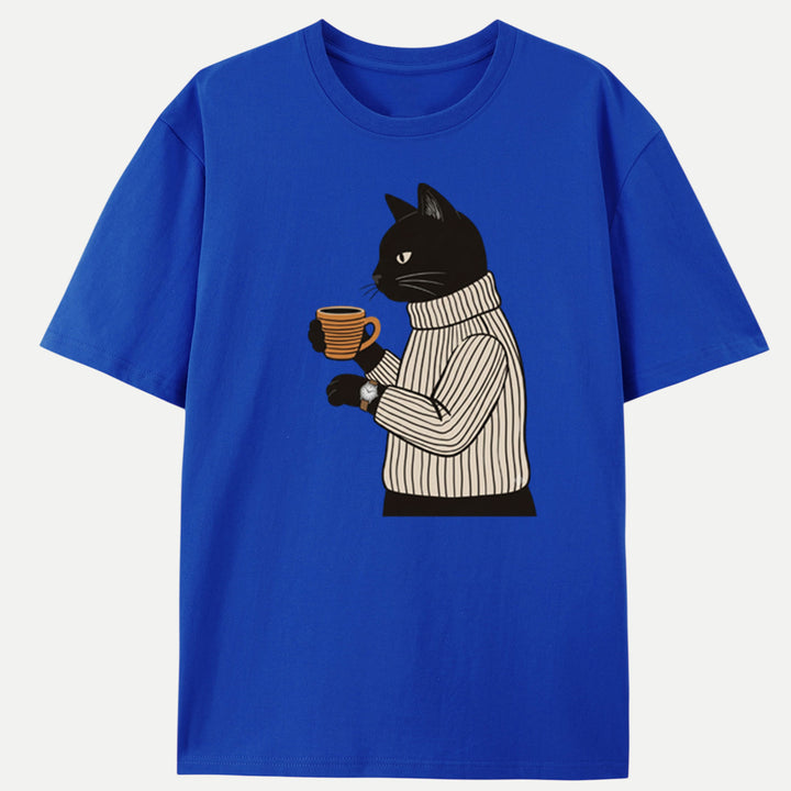Sophisticated Coffee Drinking Black Cat T-Shirt