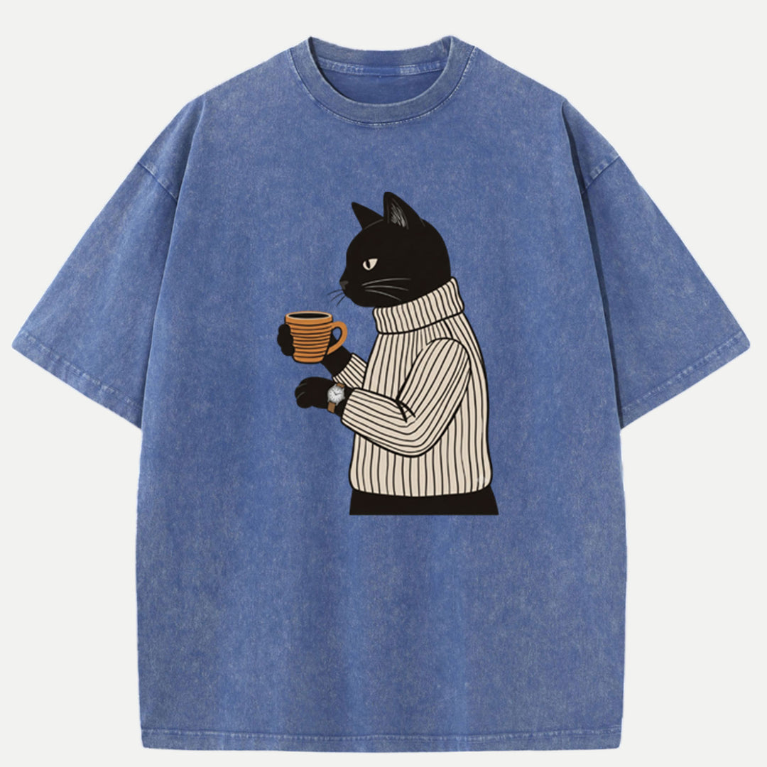 Sophisticated Coffee Drinking Black Cat T-Shirt