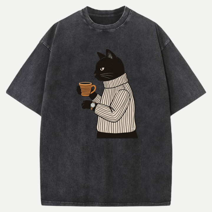 Sophisticated Coffee Drinking Black Cat T-Shirt