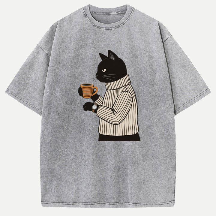Sophisticated Coffee Drinking Black Cat T-Shirt