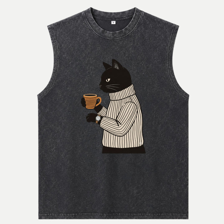 Sophisticated Coffee Drinking Black Cat T-Shirt
