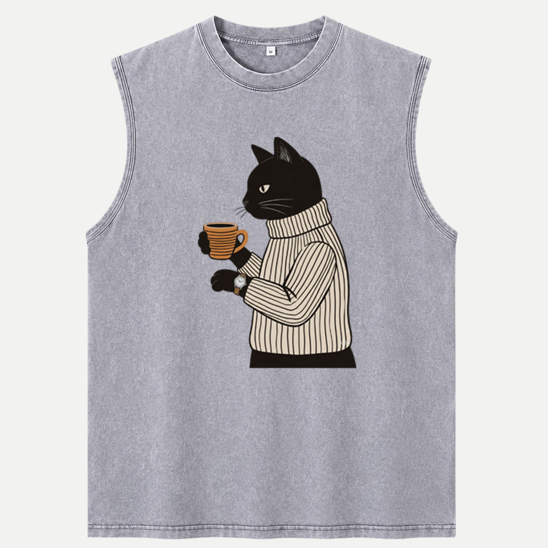 Sophisticated Coffee Drinking Black Cat T-Shirt