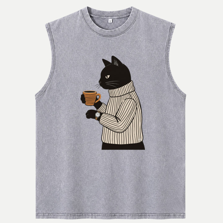 Sophisticated Coffee Drinking Black Cat T-Shirt