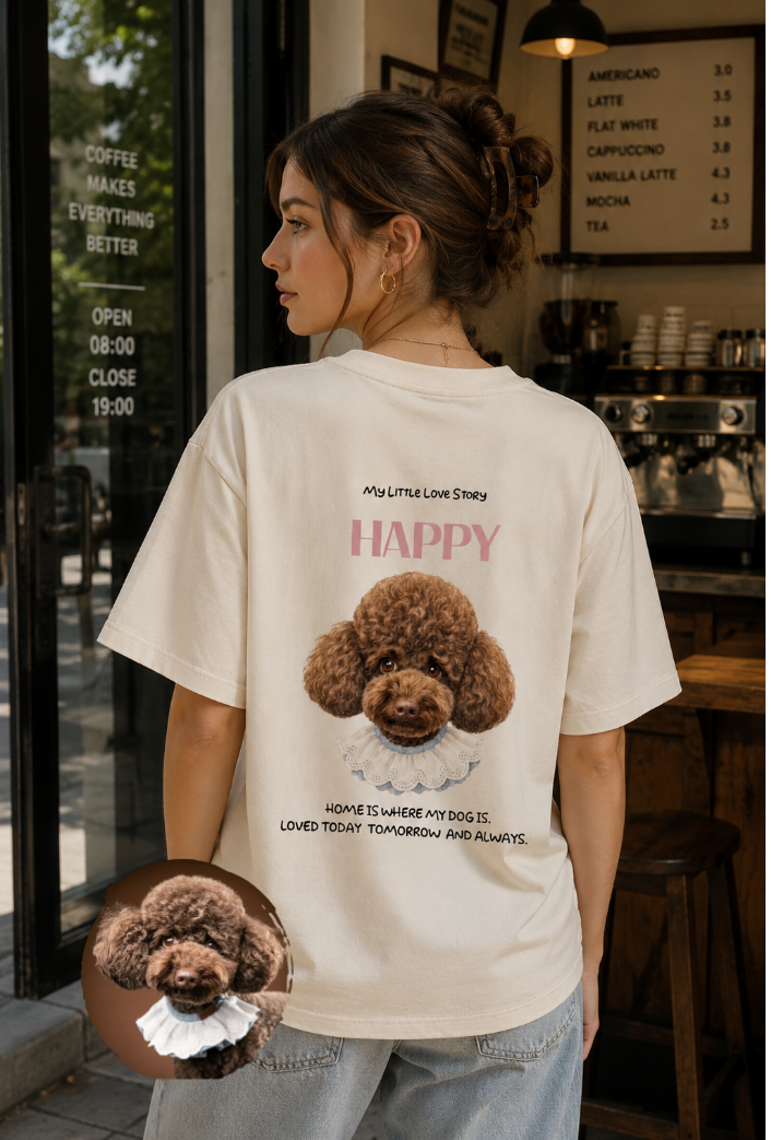 Korean-Style Hand-Drawn Pet Head Portrait Custom T-shirt