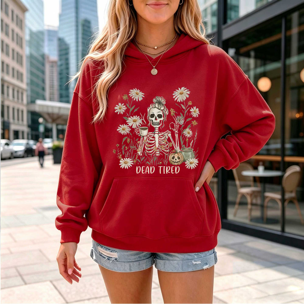 Spooky Floral Skeleton "Dead Tired" Graphic Hoodie