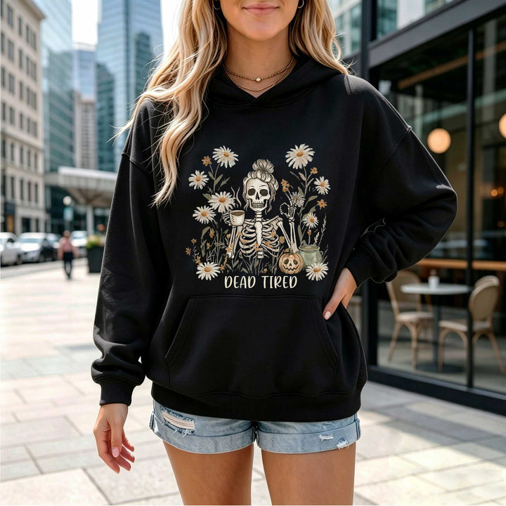 Spooky Floral Skeleton "Dead Tired" Graphic Hoodie