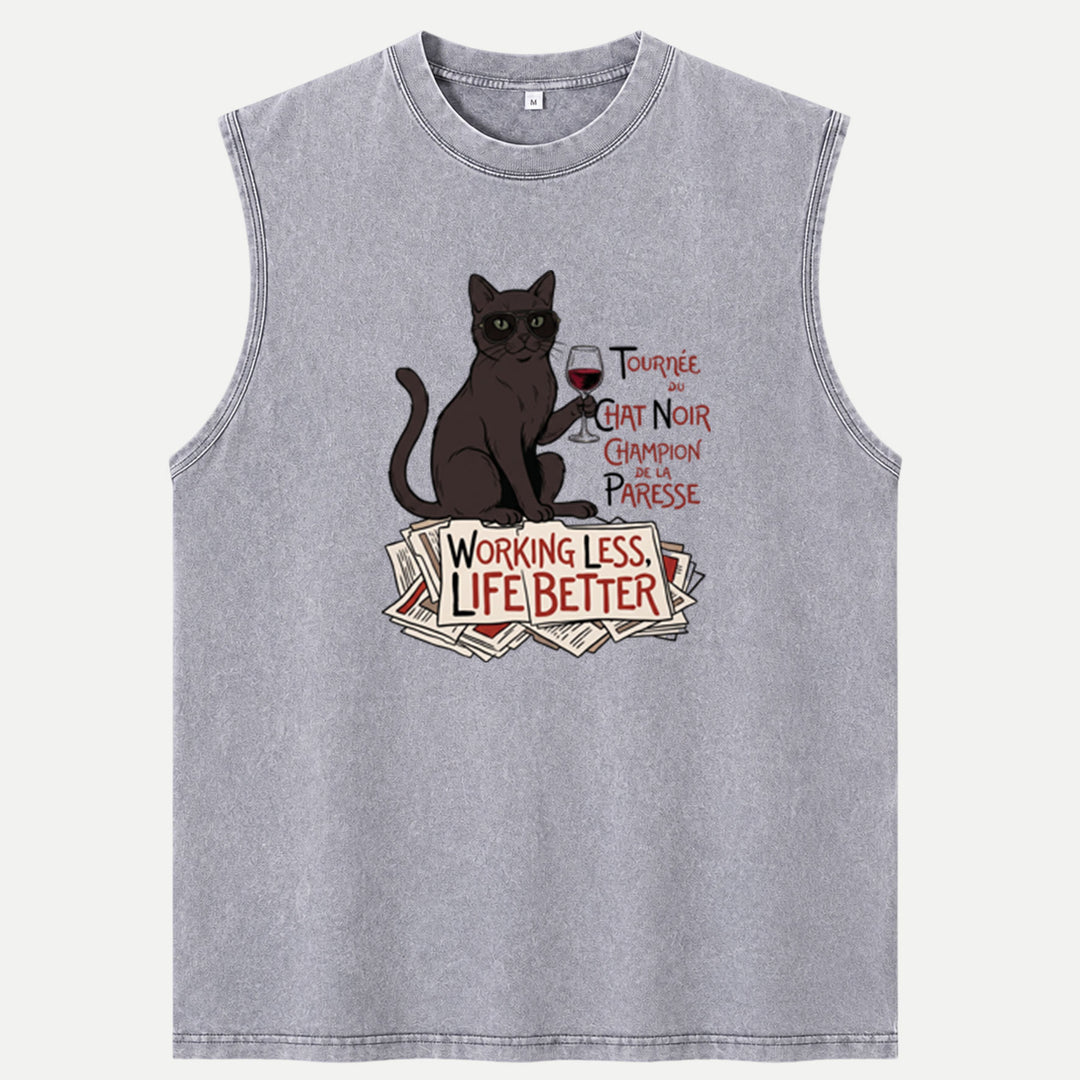 Working Less Life Better Black Cat T-Shirt