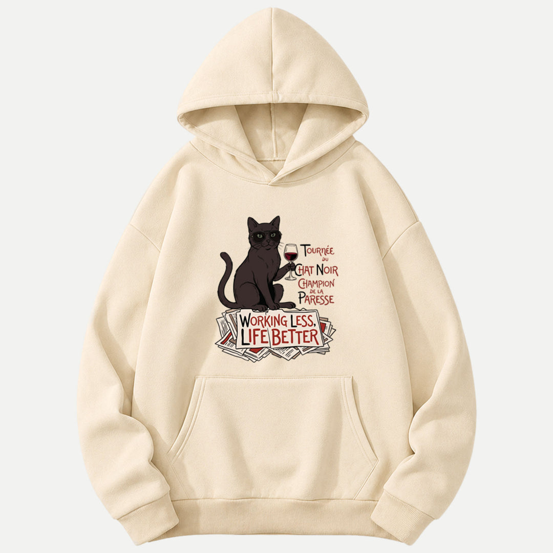 Working Less Life Better Black Cat T-Shirt