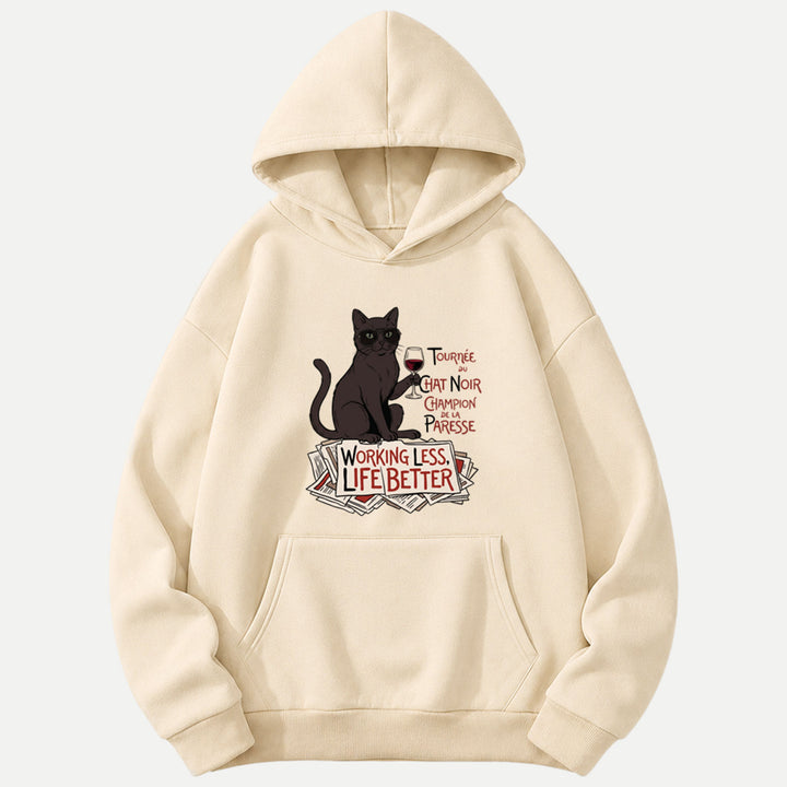 Working Less Life Better Black Cat T-Shirt