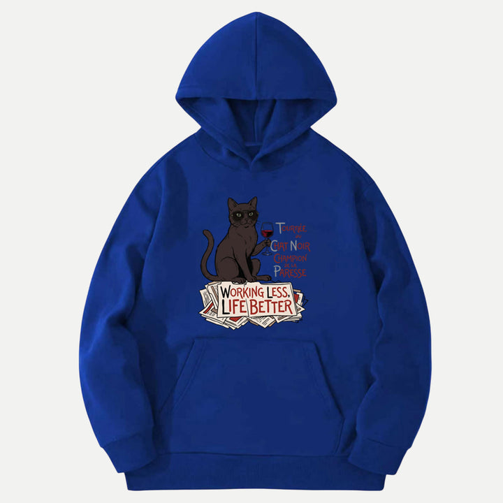 Working Less Life Better Black Cat T-Shirt
