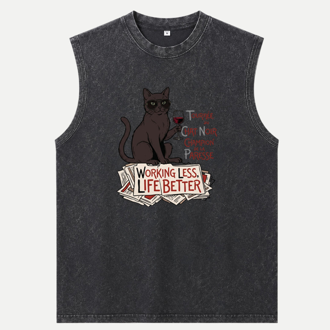 Working Less Life Better Black Cat T-Shirt