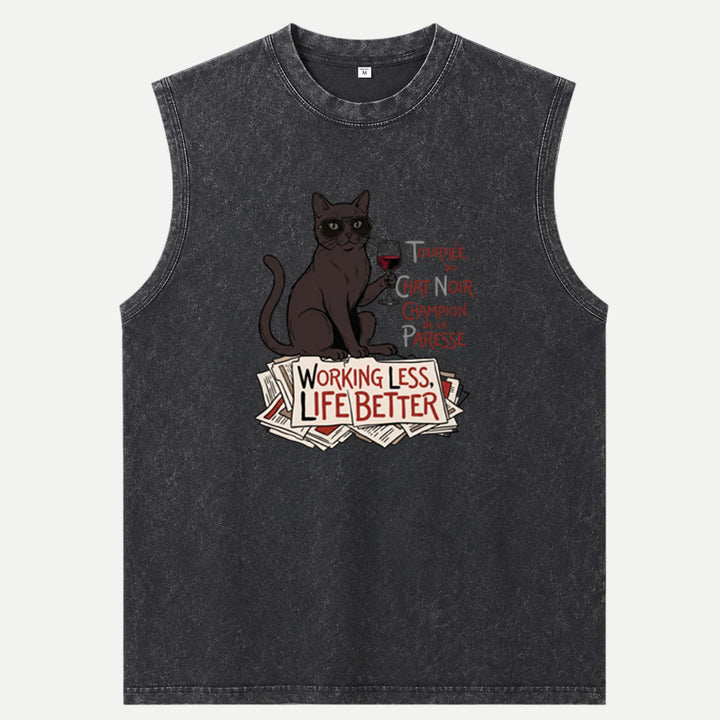Working Less Life Better Black Cat T-Shirt