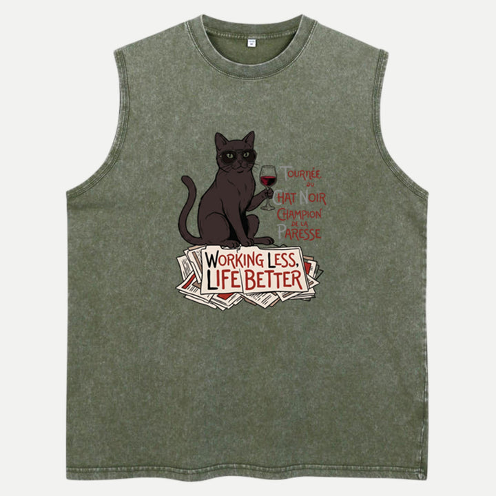 Working Less Life Better Black Cat T-Shirt