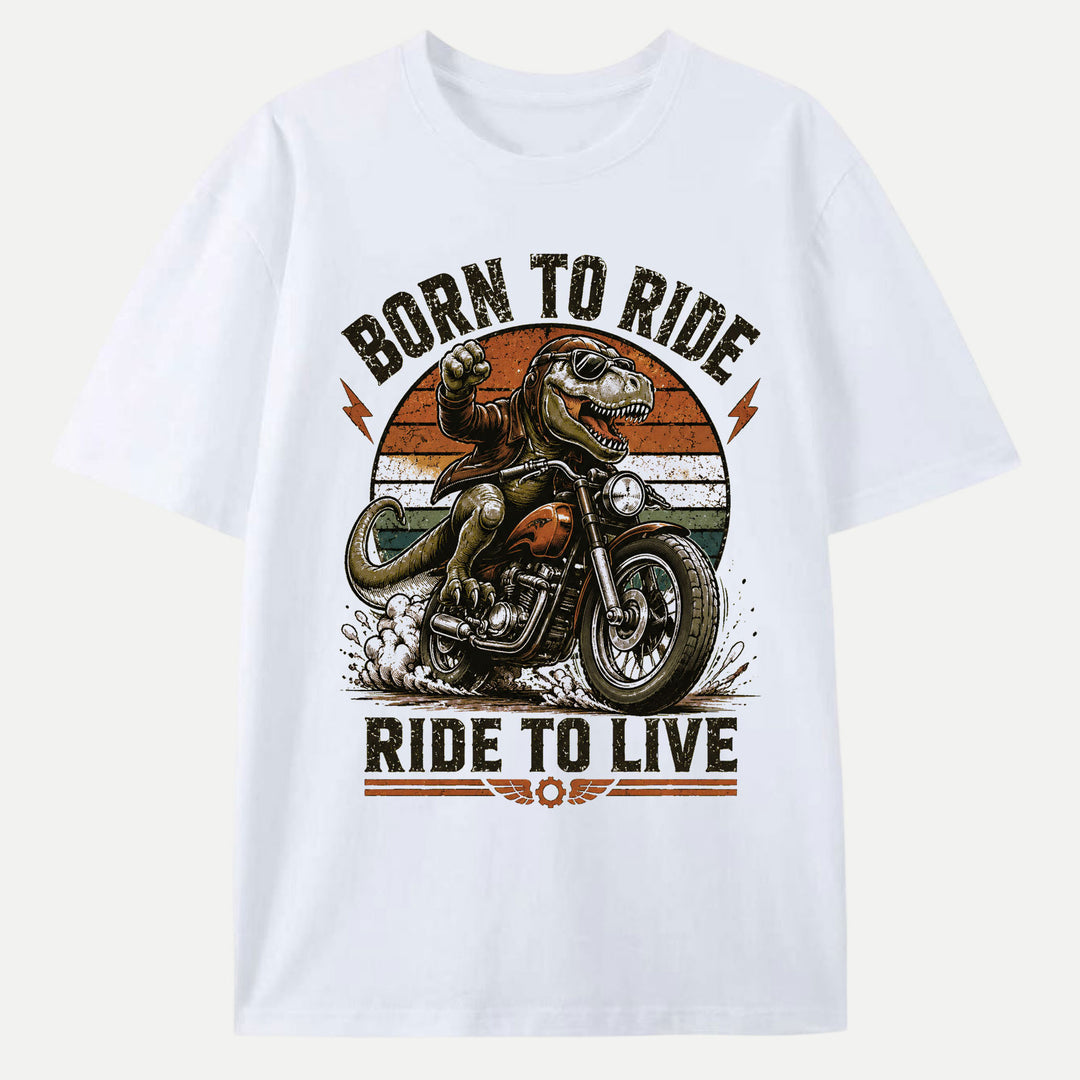Born To Ride Ride To Live Dinosaur Biker Graphic T-Shirt