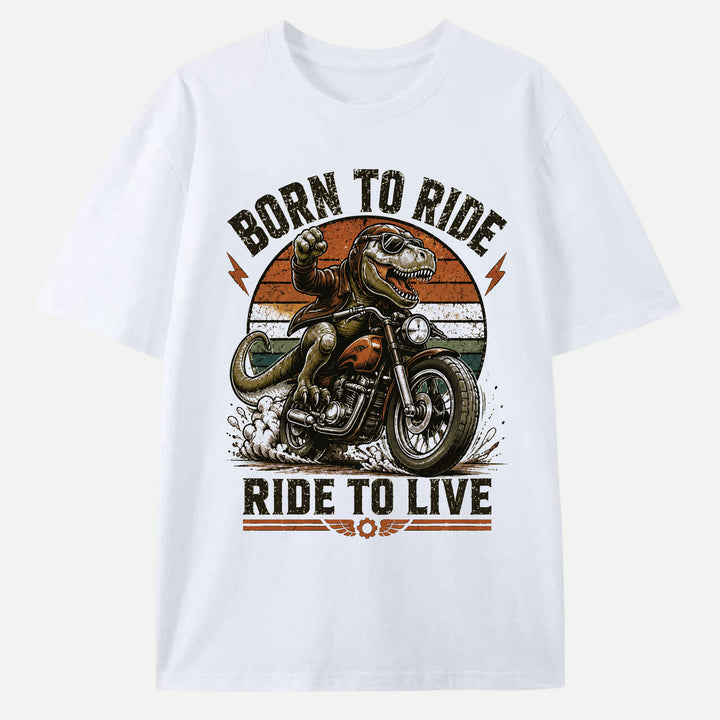 Born To Ride Ride To Live Dinosaur Biker Graphic T-Shirt