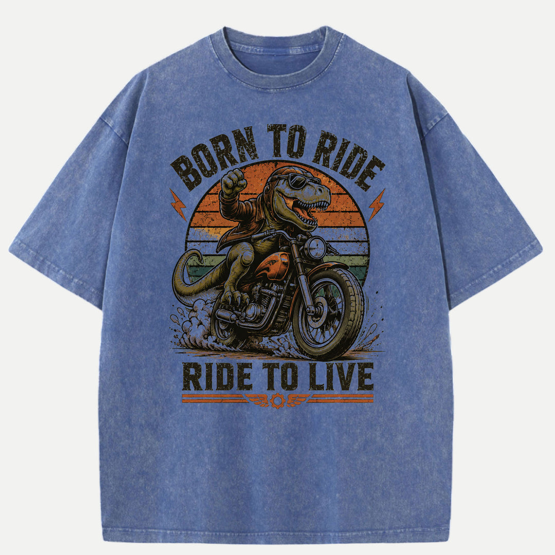 Born To Ride Ride To Live Dinosaur Biker Graphic T-Shirt
