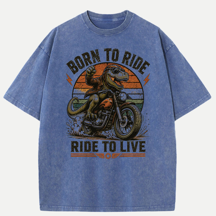 Born To Ride Ride To Live Dinosaur Biker Graphic T-Shirt