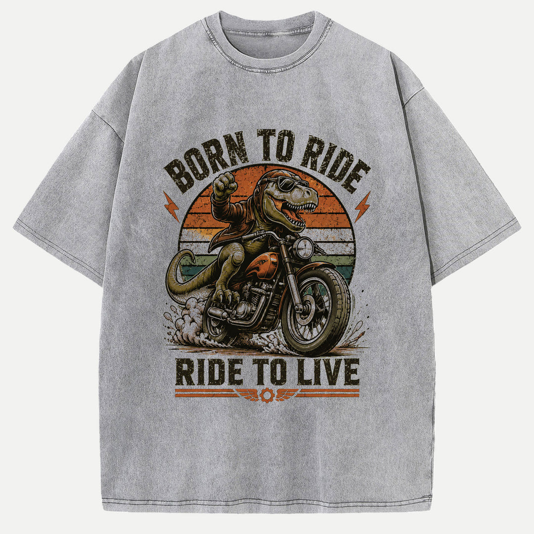 Born To Ride Ride To Live Dinosaur Biker Graphic T-Shirt