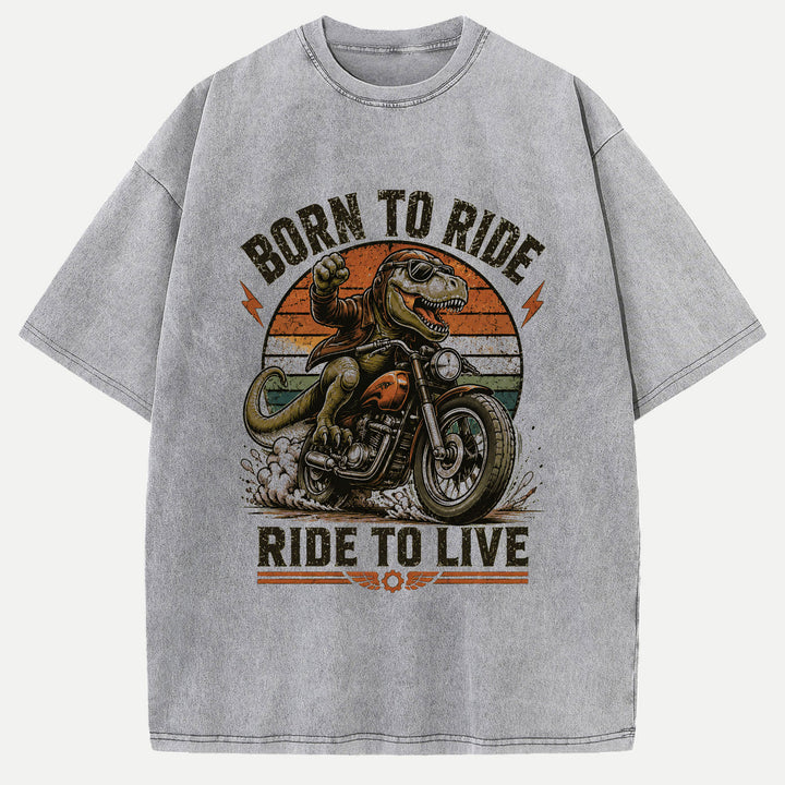 Born To Ride Ride To Live Dinosaur Biker Graphic T-Shirt