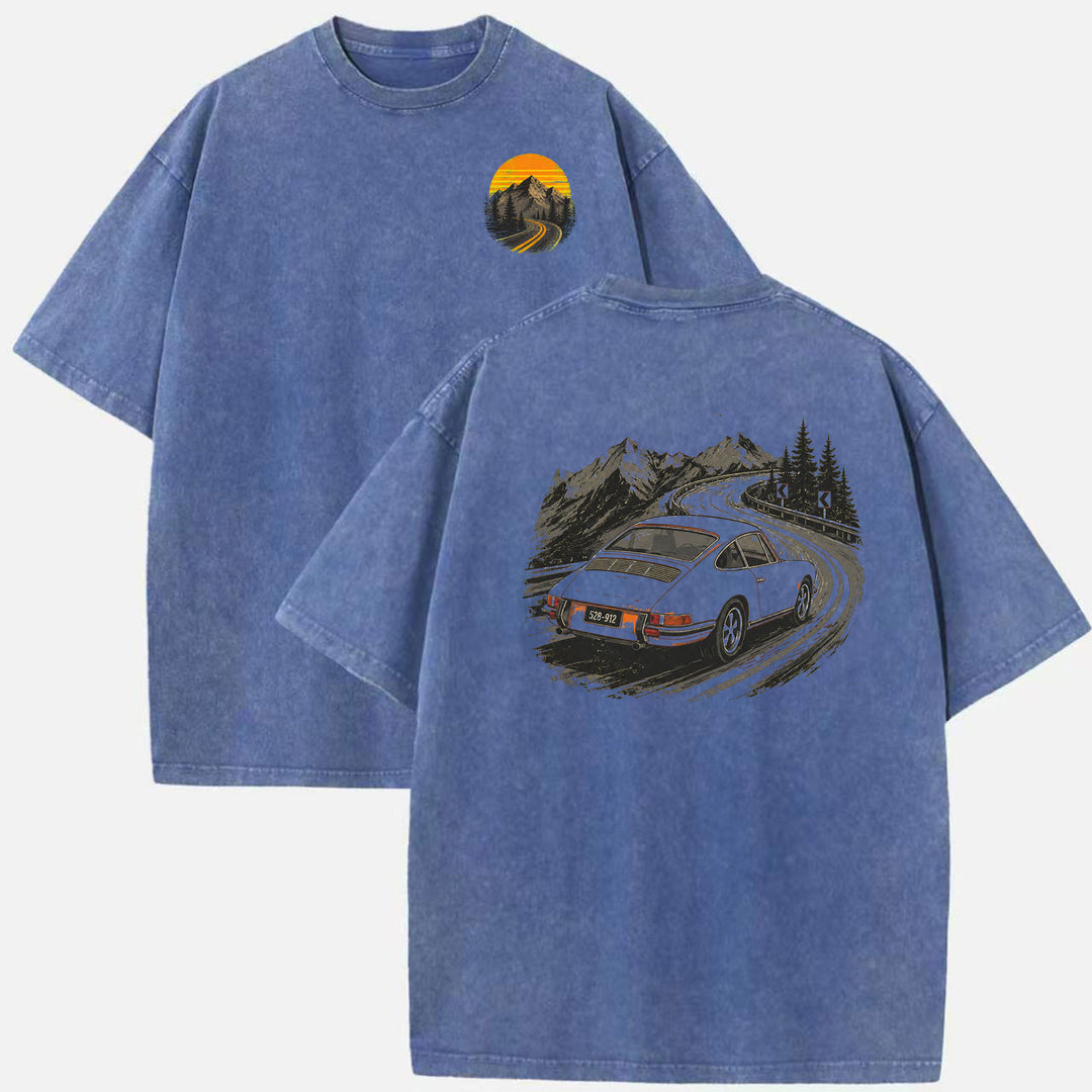 Vintage Sports Car Mountain Pass Double-Sided Graphic T-Shirt