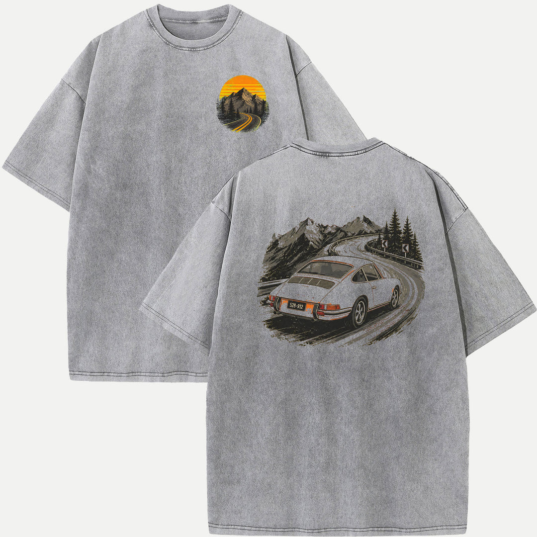 Vintage Sports Car Mountain Pass Double-Sided Graphic T-Shirt